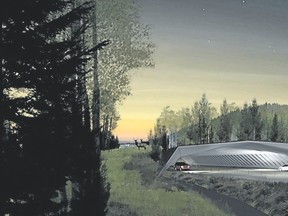 An artist’s rendering of the proposed open-span wildlife crossing structure that Y2Y would like the province to consider at Bow Valley Gap. Supplied