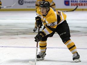 Kingston Frontenacs captain Ted Nichol, seen in a game in January, passed the puck to Gabe Vilardi for the series-winning goal in triple overtime on Saturday night. (Steph Crosier/The Whig-Standard)