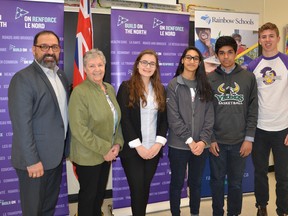 Supplied photo
Students from Rainbow Schools share their Speak Up projects with Sudbury MPP Glenn Thibeault and Rainbow District School Board Chair Doreen Dewar, including, from left, student trustee Madeleine Leach-Jarrett, chair of the Student Senate; Raksheen Khan and Rayaq Siddiqui of Lockerby Composite School; and Josh Tillson of Lo-Ellen Park Secondary School. Innovative projects are being implemented in Rainbow Schools thanks to funding provided through the Ministry of Education’s Student Voice strategy. Rainbow Schools will share a total of $16,930 in SpeakUp Project grants in the 2017-2018 school year.
