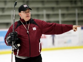 Chatham Maroons head coach Ron Horvat gives instructions during practice at Chatham Memorial Arena in Chatham, Ont., on Thursday, March 15, 2018. (MARK MALONE/Chatham Daily News/Postmedia Network)