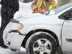 A collision at Farwell Terrace and Douglas Street on Wednesday morning is investigated by Sault Ste. Marie Police Service and Sault Ste. Marie Fire Services.