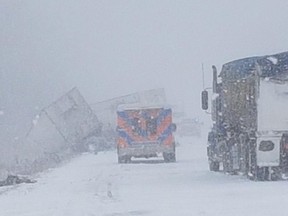 Two commercial motor vehicles collided Wednesday morning near Key River on Highway 69. (OPP photo)