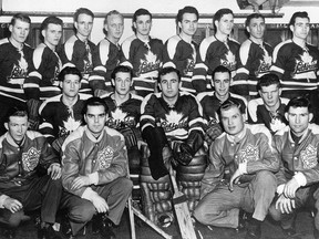 Bill Flick (back row, far right) was a member of the Lethbridge Maple Leafs team that won the world hockey championship in 1951. Flick was a hockey star in Stratford and was one-third of the iconic Flick, Roth and Flanagan line with the Indians senior men’s team in the 1950s. Mickey Roth (middle row, far left) and Dinny Flanagan (back row, far left) were also on the Maple Leafs team. Postmedia file photo