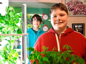Aiden Nolan, left, and Rhys Leeds stand beside the "tower garden" in the foyer of Elgin Court Public School on the south side of St. Thomas. The tower gardens are part of a Health Kids Community Challenge, sponsored by the public health unit and installed in schools across St. Thomas and Elgin County. (Louis Pin/Times-Journal)