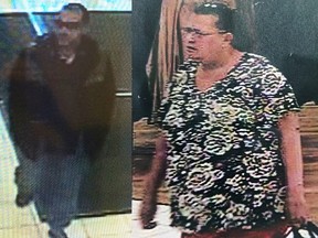 The man (on left) police suspect of stealing Polo clothing and the woman police suspect of stealing a duvet from a store at the Cataraqui Mall in Kingston, Ont. on Saturday March 24, 2018. Photo supplied by Kingston Police