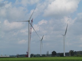 Construction of the Jericho wind project is shown in Lambton Shores in the fall of 2014. This week, the Canada Pension Plan announced it is buying the wind project, along with five other wind and solar projects NextEra Energy owns in southwestern Ontario. (File photo/The Observer)