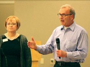 Heartland Housing Foundation executive director Lynn Olenek (left) and facilitator Ron Schlegelnich.

Lindsay Morey/Postmedia Network