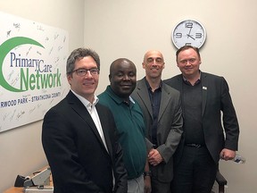 Mayor Rod Frank (far left) and Coun. Robert Parks (far right), pictured while taking a tour of the Sherwood Park Primary Care Network on Wednesday, maintain their position in voting against council's salary increase last week.

Twitter Photo