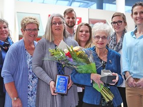 TIM MEEKS/THE INTELLIGENCER
Val Lentini (third from right) is the 2018 Kindness Citizen of the Year. Joining Lentini for the presentation Wednesday at the Quinte Mall were, from the left: Pam Ritza, sales representative from The Intelligencer, Pam Smith and Chris Macdonald, co-chairs for Violence Awareness and Random Acts of Kindness, Joe Southwell, advertising manager at The Intelligencer, Cheri Pilling and Kenndra Mills from Charms Diamond Centre at Quinte Mall, and Erin Graham, marketing director for Quinte Mall.
