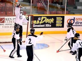 Kilsyth Young Guns goaltender Jessica McGregor stretches out to direct a deflected shot over her goal in the first half of the Guns 2-0 loss to the Big River Crusaders. The loss was the third game of opening day for the Young Guns (1-2) at the 2018 JuvenileBroomball Canadian National Championships, Wednesday at the Harry Lumley Bayshore Community Centre. Greg Cowan/The Sun Times