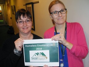 Louise Lovell, left, social housing resource co-ordinator in Haldimand and Norfolk, and Tricia Givens, the counties’ manager of housing services, are helping organize a census of homeless individuals in Haldimand and Norfolk. The enumeration will take place from Monday, May 7 through Friday, May 11.
MONTE SONNENBERG / SIMCOE REFORMER