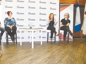 Nouran Abdellatif/Rep Staff
The Leduc Regional Chamber of Commerce hosted their monthly luncheon on March 9. The topic was changes to employment code and a panel of experts took questions. From left, Workplaces president and founder Bruce Baker, King Business Solutions Melissa Lenos, Next Level Consulting cofounder Dawn Macdougall and Kiy HR Services Inc's Teresa Kiyawasew.