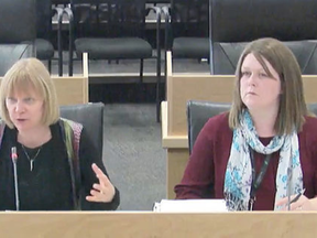 Debra Smith (left), director of Strathcona County Human Resources, and Maggie Hudson, senior advisor with the HR team, present to council on the proposed Inclusive Hiring Strategy — which has been pushed to April 10.