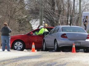 Emergency services responded to a two-vehicle collision this afternoon at Sherbrooke Street and Second Avenue.