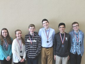 Team Bluewater for the Canada Wide Science Fair at Carleton University from May 12 to 19 will include, from left: Maisie Cottrill, Sophia Cottrill, Larsson Jarvis, Connor Maxwell, Zach Rodgers and Griffon Thomas. (Supplied photo)