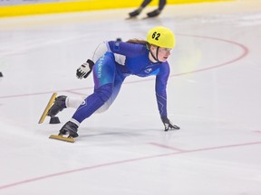 Photo by Ron Cartier
Rycroft speedskater Teneea Schoorlemmer (shown here) recently won five gold ululs at the 2018 South Slave Arctic Winter Games.