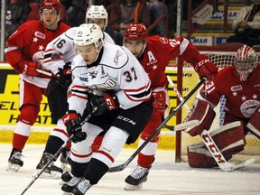 Owen Sound Attack centre Nick Suzuki controls the puck during first-period OHL playoff action against the Sault Ste. Marie Greyhounds Thursday, April 5, 2018 at Essar Centre in Sault Ste. Marie, Ont. JEFFREY OUGLER/SAULT STAR/POSTMEDIA NETWORK