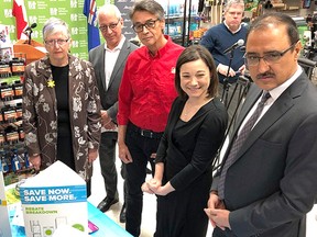 Sherwood Park's Home Hardware store hosted a joint federal and provincial government announcement on Thursday, April 5 to promote energy efficiency. Left to right: Sherwood Park MLA Annie McKitrick; vice-president of program delivery with Energy Efficiency Alberta Darryl Hill; local Home Hardware general manager Barry Novak; Environment Minister Shannon Phillips; and, federal Infrastructure Minister Amarjeet Sohi.

Photo Supplied