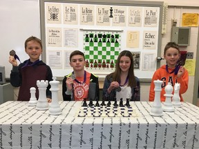 Waterloo Chess Finalists. Four St. Mary’s School students emerged as individual chess finalists at the recent Waterloo Regional Chess Challenge tournament that was held at the Breslau Community Centre on Tuesday, March 27, 2018.  (L-R) Anthony Hayden (Grade 1, 3rd place), Bryce Burbine (Grade 7, tied for 2nd place), Olivia Hesse (Grade 8, tied for 2nd place), and Brian Spacek (Grade 3, 2nd place). Bryce Burbine and Brian Spacek both qualified to compete at the Ontario Chess Challenge Provincial Finals to be held in Mississauga on April 22, 2018. (Contributed photo)