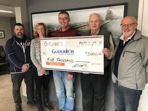 Steve and Morris Gardiner (centre) present their donation to members of the Recreation Park Revitalization Committee (L-R) Trevor Bazinet, Leah Noel and Peter Shephard. (Contributed photo)