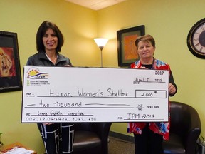 Lynne Godkin (L) with Huron Women’s Shelter Executive Director Susan Dill. (Kathleen Smith/Goderich Signal Star)