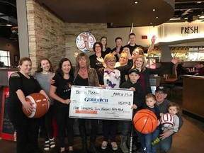 The whole gang at Boston Pizza in Goderich got together with Carolyn Merritt and Laura Herman (centre), to present their $5, 254 donation to the park revitalization project. (Contributed photo)