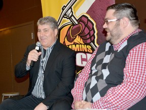 Hall of Fame defenceman Ray Bourque relates as story as moderator Steven R.L. Vachon looks on during the 2018 Timmins Rock Celebrity Sports Dinner/Silent Auction Fundraiser in the McIntyre Ballroom Thursday night. Bourque, a long-time Boston Bruin, who ended his career with a Stanley Cup victory in Colorado delighted the large crowd during the second-annual event.  THOMAS PERRY/THE DAILY PRESS