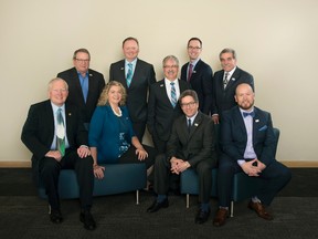 Strathcona County council voted 6-2 in favour of giving itself a raise on March 27, in response to the federal discontinuation of tax exemptions for municipal elected officials. Top row, left to right: Paul Smith, Robert Parks, Bill Tonita, Brian Botterill and Linton Delainey. Bottom row, left to right: Glen Lawrence, Katie Berghofer, Rod Frank and Dave Anderson.