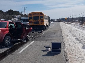 The driver of the SUV, identified as Marc Robitaille, 62, of Spragge, died after his vehicle ran into the back of a school bus, Thursday, on Highway 17 near Spragge, about 30 kilometres south of Elliot Lake. Seven high school students on the bus were transported to a local hospital with non-life threatening injuries.
OPP photo