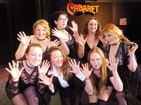 The curtain rises on Simcoe Little Theatre’s production of Cabaret Thursday night, April 12. Among the performers at the Kit Kat Club in Berlin are, clockwise from bottom left, Gracie McFarland of Windham Centre, Alayna Simpson of Simcoe, Chloe VanGroningen of Windham Centre, Naomi Auld of Simcoe, Hannah Dolson of Simcoe, Lyndsey Dearlove of St. Williams, and Julie MacLeod of Port Dover in the lead role as Sally Bowles. MONTE SONNENBERG / SIMCOE REFORMER