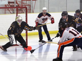 Brady Stewart of the Kilsyth Flyers fires a shot at Team Manitoba AllStars goaltender Ian Bruneau in the first half of the 2018 Juvenile Broomball Candian National Championships men's division B semifinal at the Julie McArthur Regional Recreation Centre on Friday. Greg Cowan/The Sun Times