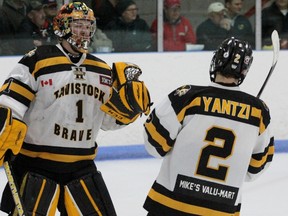 Tavistock Braves goalie Jensen Van Boekel is eligible to return next season, but captain Jared Yantzi’s junior hockey career came to an end after the Braves lost to Glanbrook in the Schmalz Cup quarter-final. (Cory Smith/The Beacon Herald)