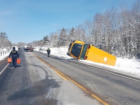 This crash occurred near West Parry Sound on Highway 141, where a school bus collided with a farm tractor, tipping over when it hit the ditch. No children were hurt in that incident although the tractor driver received minor injuries