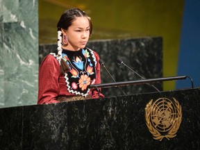 Autumn Peltier, 13, from Wikwemikong First Nation, speaks at the launch of the International Decade for Action on Water for Sustainable Development at UN headquarters on March 22.(Manuel Elias/United Nations)