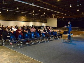 Dr. Adrian Wagg presents at the Diamond Centre in Mayerthorpe on April 4.(Taryn Brandell | Mayerthorpe Freelancer)