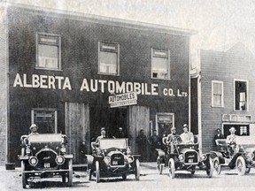 PHOTO COURTESY OF THE MUSEUM OF THE HIGHWOOD. Alberta Automobile Co. with the first four McLaughlin cars sold in High River, 1910.