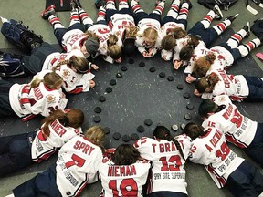 Members of the atom A Belleville Bearcats girls hockey team paid their own tribute to the Humboldt Broncos prior to their gold-medal game at the OWHA championships last weekend in Toronto. (Joni Hoover photo)