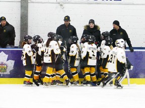 Members of the Mitchell Atom B girls receive a pep talk prior to a game this past weekend at the OWHA championships. SUBMITTED