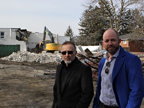 The clean up of a former industrial site at 33 Jarvis St. is underway. Plans call for 30 townhouse-style condominiums to be built on the site. The housing development is being done by Recchia Developments and the units are being sold through The Crew Real Estate. Fernando Recchia, of Recchia Developments, and Ryan Campbell, of The Crew, were at the site this week. (Vincent Ball/The Expositor)