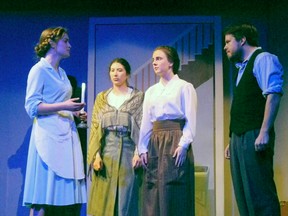 Irena (Matilda White) shares her bold plan to conceal her Jewish friends in the cellar of Major Rugemer's home. From (L-R) Ida Hallar (Elana Day Janz), Fanka Silverman (Maddy Graham) and Lazar Hallar (James Todd).
Photos by Reg Clayton/for The Enterprise