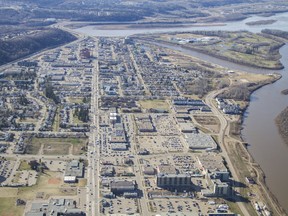 An aerial view of downtown Fort McMurray Alta. on Thursday May 4, 2017. Robert Murray/Fort McMurray Today/Postmedia Network