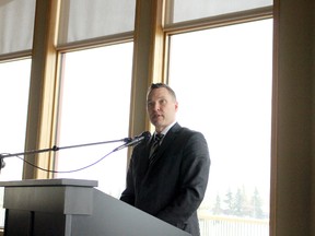 Joshua Santos/Daily Herald-Tribune
Deron Bilous, minister of economic development and trade announced three Grande Prairie and area projects will receive funding under a third round intake of the CARES program at Centre 2000 on Monday, April 9 in Grande Prairie.