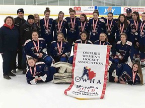 The Chatham Bantam 'A' Outlaws won silver medals at the Ontario Women's Hockey Association championship in Toronto on Sunday, April 8, 2018. The Outlaws are, front row, left: Hayley Doucet, Jillian Rideout, Julia Trinca, Taryn Jacobs, Sophie Coristine, Abby Balan and Kayla Renaud. Back row: trainer Robin Rideout, coach Ryan Coristine, coach Dave Trinca, Brooke Campbell, Emery Bonner, Heidi Vlaminck, Allison Shaw, Sarah Marchand, Brenna Dittmer, Natalie Bray, Milana Butera, coach Steve Shaw, Alessia Bellaire, Riley Bentley, assistant coach Joep Van Gellicum and assistant coach Dante Butera. (Contributed Photo)