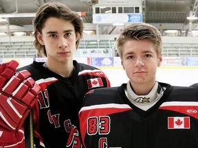 Chatham-Kent Minor Midget 'AAA' Cyclones defenceman Craig Spence, left, was picked by the Mississauga Steelheads in the 2018 Ontario Hockey League draft and Cyclones goalie Brett Brochu was selected by the London Knights. (MARK MALONE/Chatham Daily News/Postmedia Network)