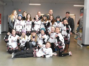 Above is the Exeter/Seaforth u12 ringette team that won gold in Kitchener on April 1. In the back row from (l-r) are Rebecca Rooseboom, Janet Traquair, Paul Dolmage, Brian Wynja and Jeff Robinson. Middle row from (l-r) are Kiera Coolman, Rachel Vanbakel, Sarah Sparling, Layne McGregor, Emma Alce, Jaclyn Vanbakel and Marcy Towton. Front row from (l-r) are Addisyn Brown, Kate Wynja, Kate Maloney, Sydney Dolmage, Abby Wynja and Ava Robinson. Up front is Emily Smale.