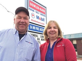 John Karn and Barb Molinaro, siblings and vice presidents of Dowler-Karn, stand outside the St. Thomas office of the local business. They've been awarded the Free Enterprise Master's Award by the St. Thomas and District Chamber of Commerce for their success and longevity in St. Thomas and across Southwestern Ontario. (Louis Pin // Times-Journal)