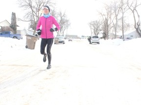 Melfort’s Robyn Luthi has been preparing for the Boston Marathon on April 16 including during a recent training session on a cold day on Hatton Avenue .