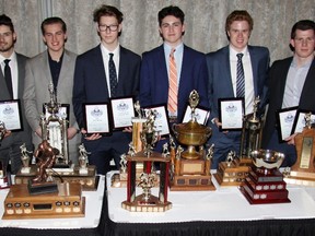 The Stratford Warriors turned the page on 2017-18 with their year-end awards banquet Sunday night. Pictured from left: Dylan Lebold, Andrew Vigliatore, Corson Searles, Ryan Nicholson, Kaleb Pearson, Ryan Cullen, Jack Scanlan and Mitchell Casey. Cory Smith/The Beacon Herald