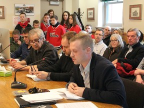 Community and development services manager Matt Boscariol goes over the background of the ice rink expansion project during the committee of the whole meeting on Tuesday, April 11. Members of the St. Thomas Aquinas Saints hockey teams can be seen in the public gallery.
KATHLEEN CHARLEBOIS/DAILY MINER AND NEWS