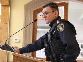 TIM MEEKS/THE INTELLIGENCER
Belleville Police Chief Ron Gignac presents the Belleville Police Service budget to city council Tuesday as two days of debate on a proposed $130 million operating budget began.